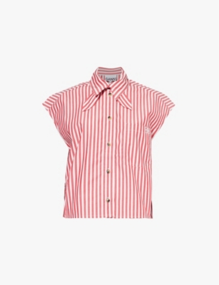 GANNI: Stripe-print tie-collar organic-cotton shirt