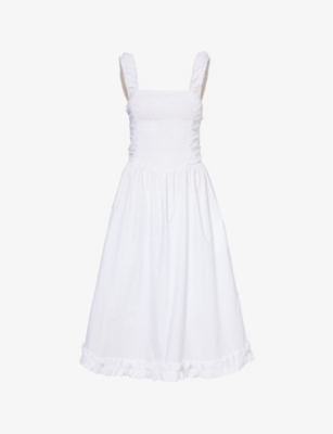 GANNI: Square-neck ruffle-trim organic-cotton midi dress