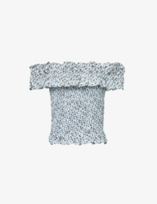 GANNI: Off-shoulder shirred-bodice organic-cotton top