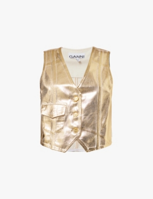 Shop Ganni Womens  Metallic V-neck Cotton-denim Vest In Egret