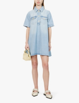 Shop Ganni Womens Tint Wash Patch-pocket Short-sleeve Organic-denim Mini Dress