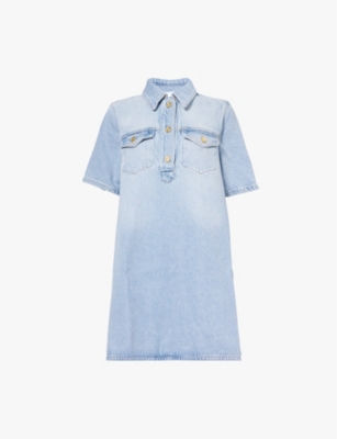 Shop Ganni Womens Tint Wash Patch-pocket Short-sleeve Organic-denim Mini Dress