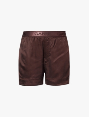 GANNI: Logo-waistband washed satin shorts