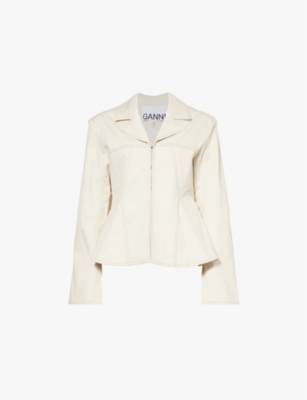 GANNI: Peplum padded-shoulder stretch organic-cotton blazer