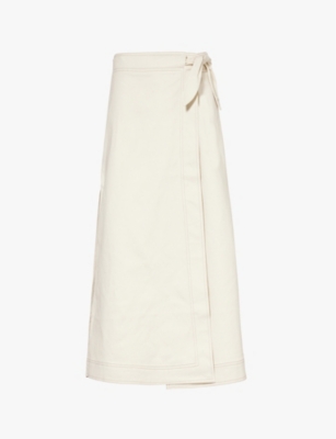 Shop Ganni Womens  Wrap-around Contrast-stitching Stretch Organic-denim Maxi Skirt In Summer Sand