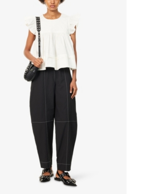 Ganni Womens Black Curved-leg Mid-rise Organic Cotton-blend Trousers In Black