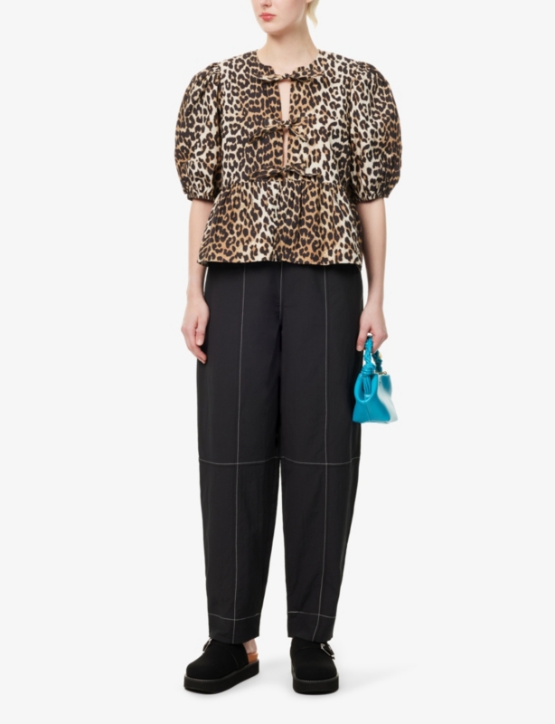 Puff-sleeve peplum-hem organic-cotton blouse