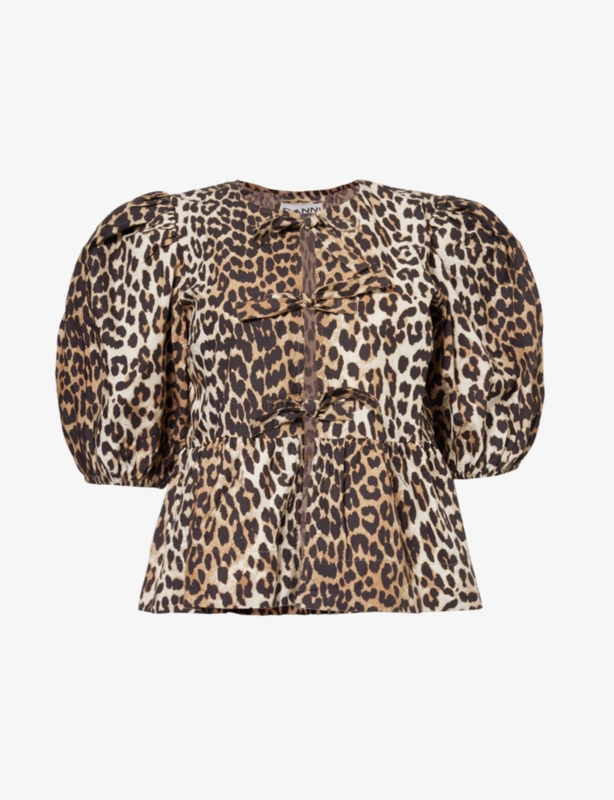 Puff-sleeve peplum-hem organic-cotton blouse