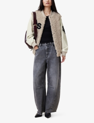 Shop Allsaints Womens Off White Valerie Logo-patch Relaxed-fit Shearling Jacket