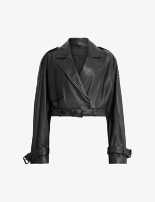 Allsaints Womens Ophelia Lea Belted-hem Cropped Leather Jacket Black