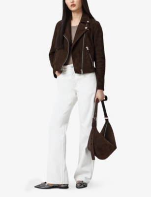 Allsaints Womens Dalby Regular-fit Cropped Suede Biker Jacket Fango Brown In Brown