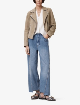 Allsaints Womens Greige Brown Dalby Regular-fit Cropped Suede Biker Jacket In Greige Brown
