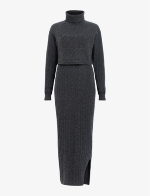 Allsaints Muriel 2-in-1 Knitted Slim Midi Dress In Cinder Black
