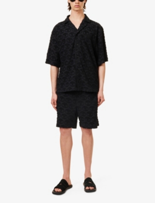 Shop Moschino Men's Black Branded Short-sleeved Cotton-blend Shirt