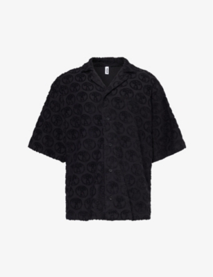 Shop Moschino Men's Black Branded Short-sleeved Cotton-blend Shirt