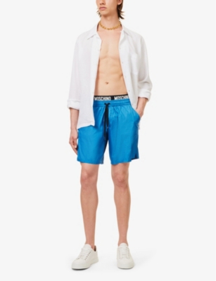 Shop Moschino Men's Blue Branded-waistband Slip-pocket Swim Shorts