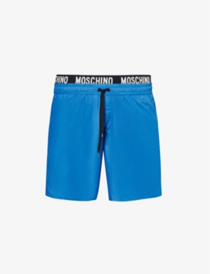 Shop Moschino Men's Blue Branded-waistband Slip-pocket Swim Shorts