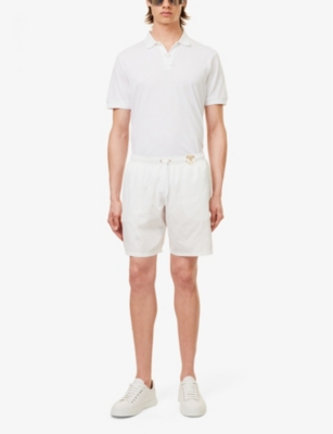Shop Moschino Men's White Branded-hardware Drawstring-waist Swim Shorts
