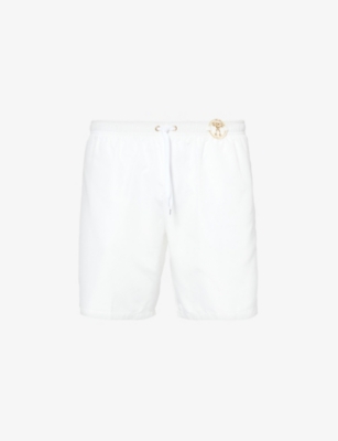 Shop Moschino Men's White Branded-hardware Drawstring-waist Swim Shorts