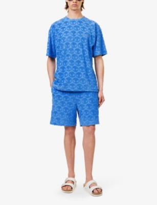 Shop Moschino Mens Blue Branded Drawstring-waist Cotton-blend Jersey Shorts