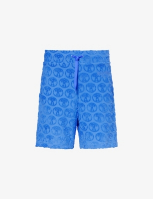 Shop Moschino Men's Blue Branded Drawstring-waist Cotton-blend Jersey Shorts