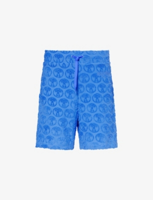 Shop Moschino Mens Blue Branded Drawstring-waist Cotton-blend Jersey Shorts