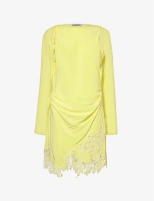 Shop Acne Studios Women's Fluo Yellow Derika Floral-lace Cut-out Woven Mini Dress