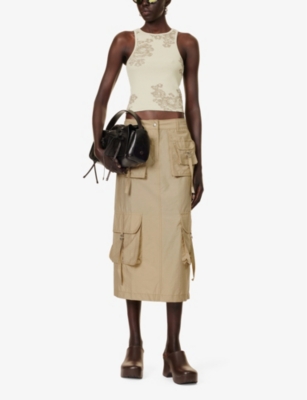 Shop Acne Studios Women's Beige Ilanta Cargo-pocket Cotton-blend Midi Skirt