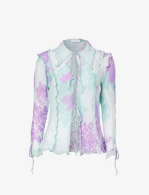 Shop Acne Studios Women's Blue Lilac Satty Open-front Floral-pattern Cotton And Silk-blend Shirt
