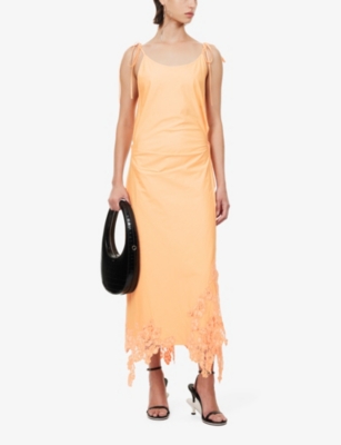 Shop Acne Studios Women's Pastel Orange Daya Lace-trim Cotton-canvas Midi Dress