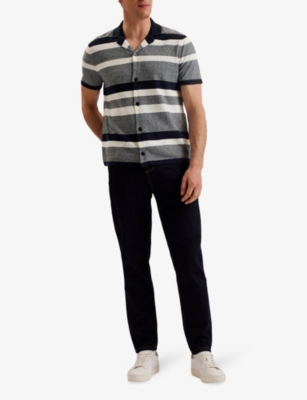 Shop Ted Baker Mens Vy Ako Striped Short-sleeve Knitted Cotton And Cashmere-blend Shirt In Navy