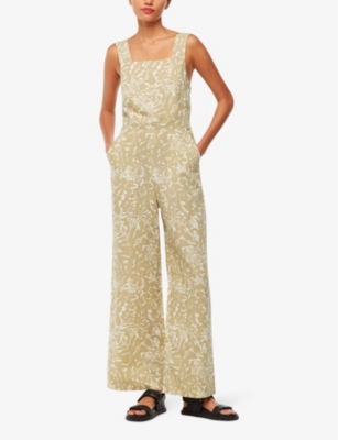 Whistles Tropical-print Wide-leg Woven Jumpsuit In Khaki/olive