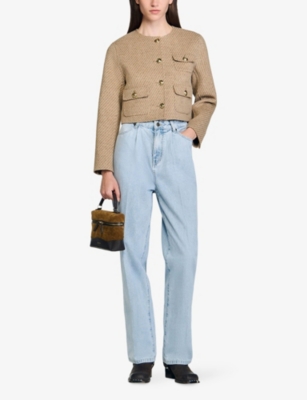 Sandro Womens Beige Patch-pocket Button-down Cropped Wool-blend Jacket In Brown