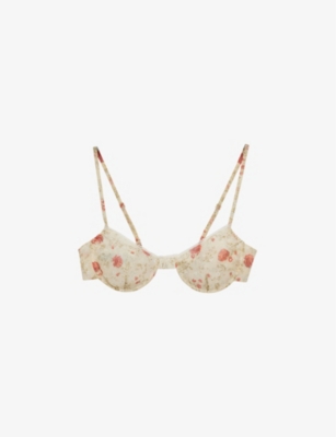 Shop Prada Poppy-print Fitted Nylonette Bra In Red