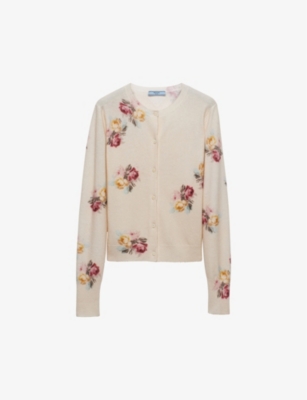 Shop Prada Floral-print Wool Cardigan In Neutral