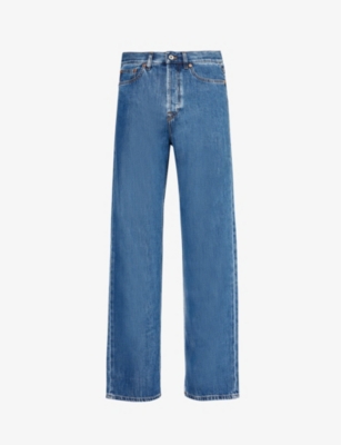 Shop Valentino Men's Medium Blue Denim Brand-patch Contrast-stitch Regular-fit Straight-leg Jeans