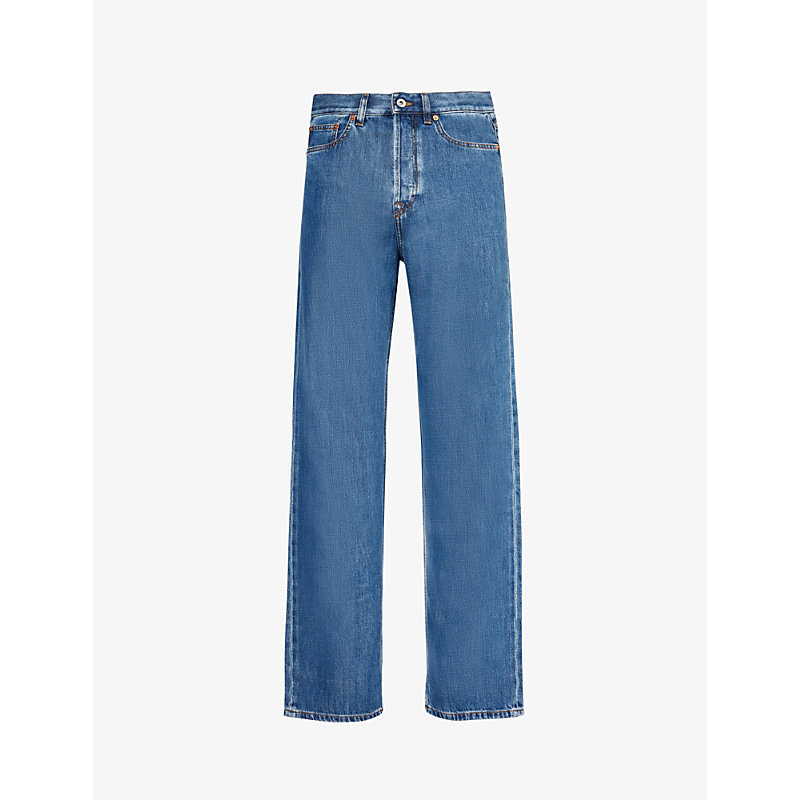 Valentino Mens Medium Blue Denim Brand-patch Contrast-stitch Regular-fit Straight-leg Jeans