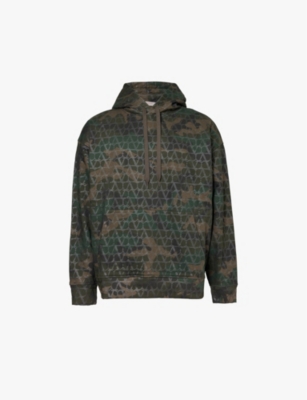 Shop Valentino Mens  Drawstring Hood Monogram-print Regular-fit Cotton-blend Hoody In Toile Camou Army