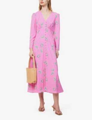 Shop Aspiga Women's Waterlily Pink Claudia Floral-print Rouleaux-button Woven Midi Dress