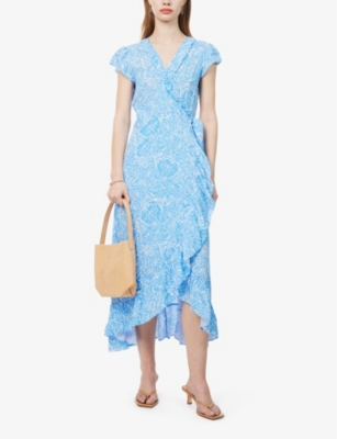 Shop Aspiga Women's Floral Blue/white Demi Ruffle-trim Floral-print Woven Midi Wrap Dress