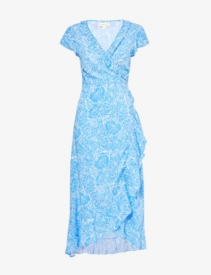 Aspiga Demi Ruffle-trim Floral-print Woven Midi Wrap Dress In Floral Blue/white