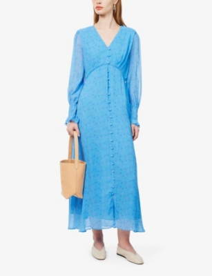 Shop Aspiga Women's Blue/pink Sally Anne Floral-print Rouleaux-button Woven Maxi Dress