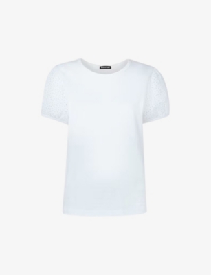 WHISTLES: Broderie-sleeve round-neck cotton T-shirt