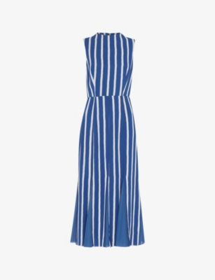 Shop Whistles Omens  Crinkle Stripe-print Sleeveless Woven Midi Dress In Blue/multi