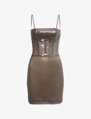 Shop Nensi Dojaka Womens Brown Kendall Sequin-embellished Mesh Mini Dress