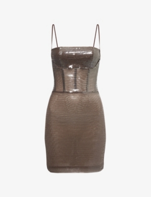 Shop Nensi Dojaka Womens Kendall Sequin-embellished Mesh Mini Dress Brown