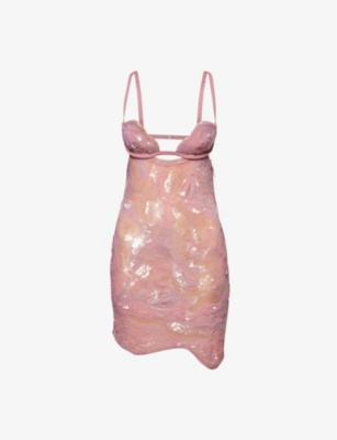 Shop Nensi Dojaka Women's Pink Heartbeat Asymmetric Sequinned Mesh Mini Dress