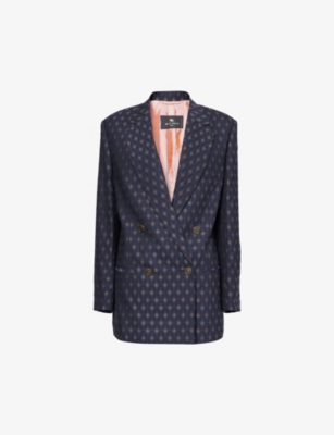 Shop Etro Womens  Abstract-pattern Double-breasted Wool-blend Blazer In Blue