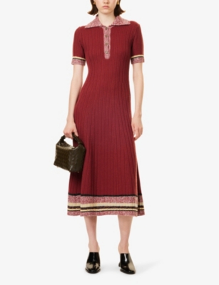 Shop Etro Women's Dark Aubergine Striped-trim Short-sleeved Wool And Cotton-blend Knitted Midi Dress