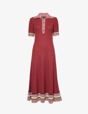 ETRO: Striped-trim short-sleeved wool and cotton-blend knitted midi dress